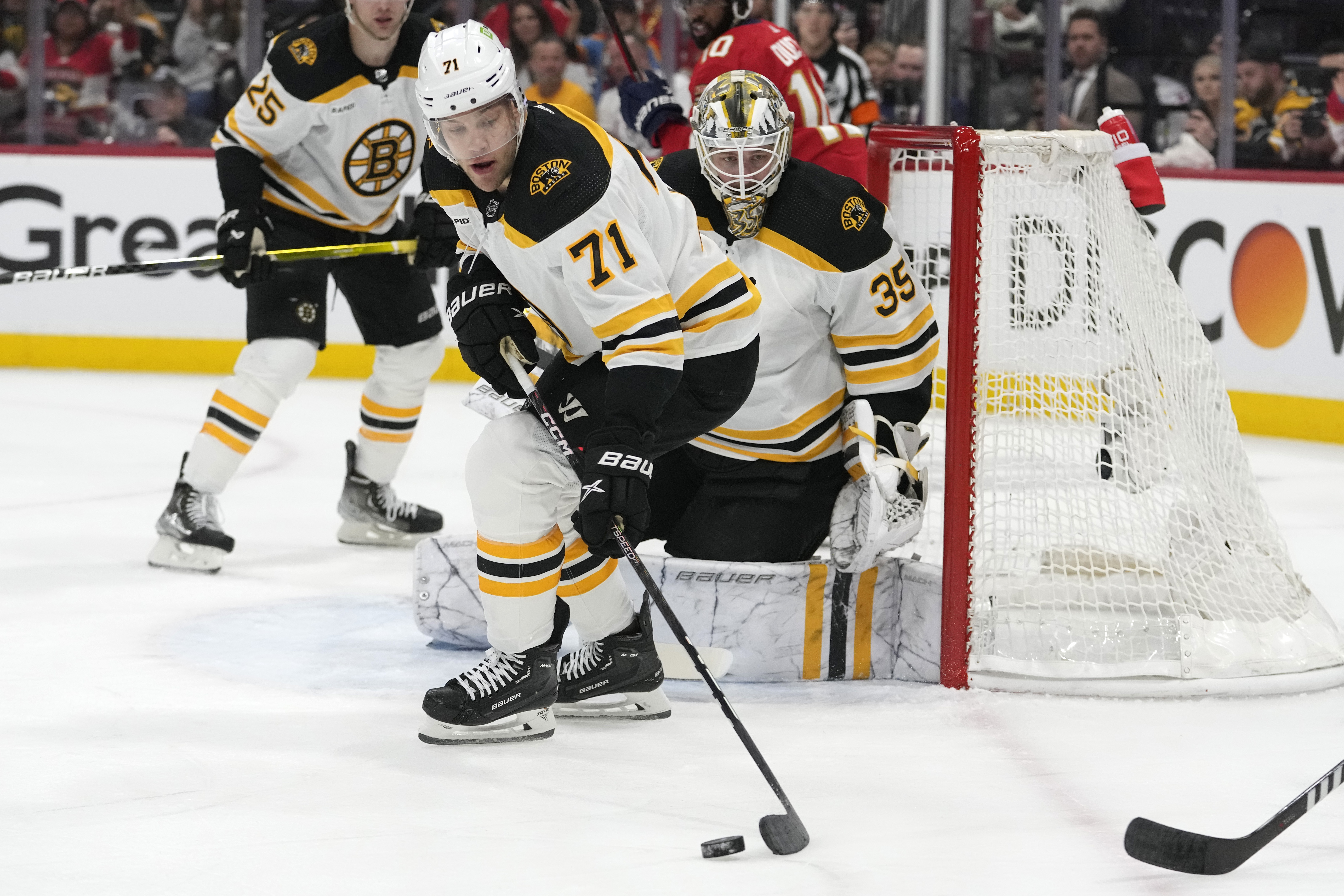 FILE - Boston Bruins left wing Taylor Hall (71) skates with the puck during the second period of Game 3 of an NHL hockey Stanley Cup first-round playoff series against the Florida Panthers, April 21, 2023, in Sunrise, Fla. The Chicago Blackhawks acquired Hall in a trade with the Bruins, Monday, June 26, 2023, putting the veteran forward in line to play with the No. 1 overall pick in the NHL draft once again. 