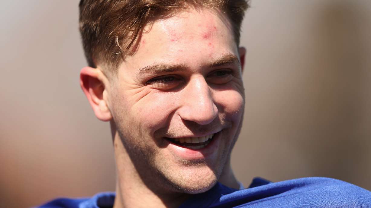 BYU quarterback Kedon Slovis talks with media after the BYU football team practiced in Provo on Friday, March 17, 2023.