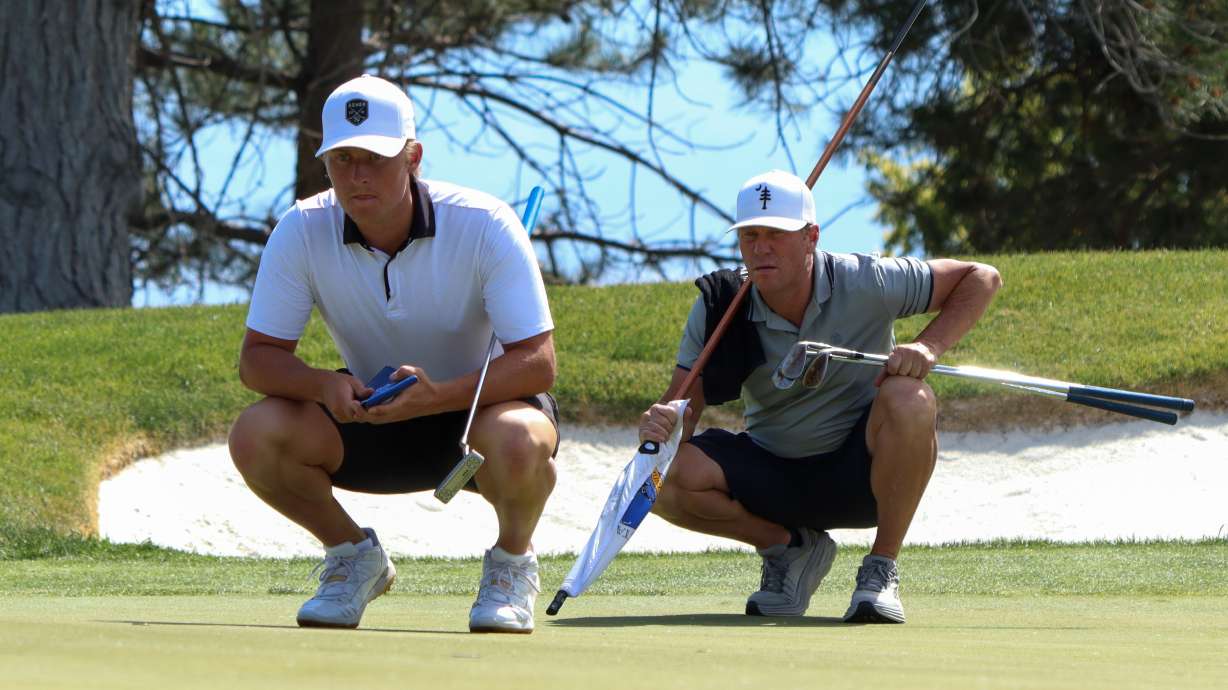 BYU rising junior Zac Jones looks over a putt during the first round of stroke play at the 125th Utah state amateur championship, Monday, June 26, 2023 at The Country Club in Salt Lake City.