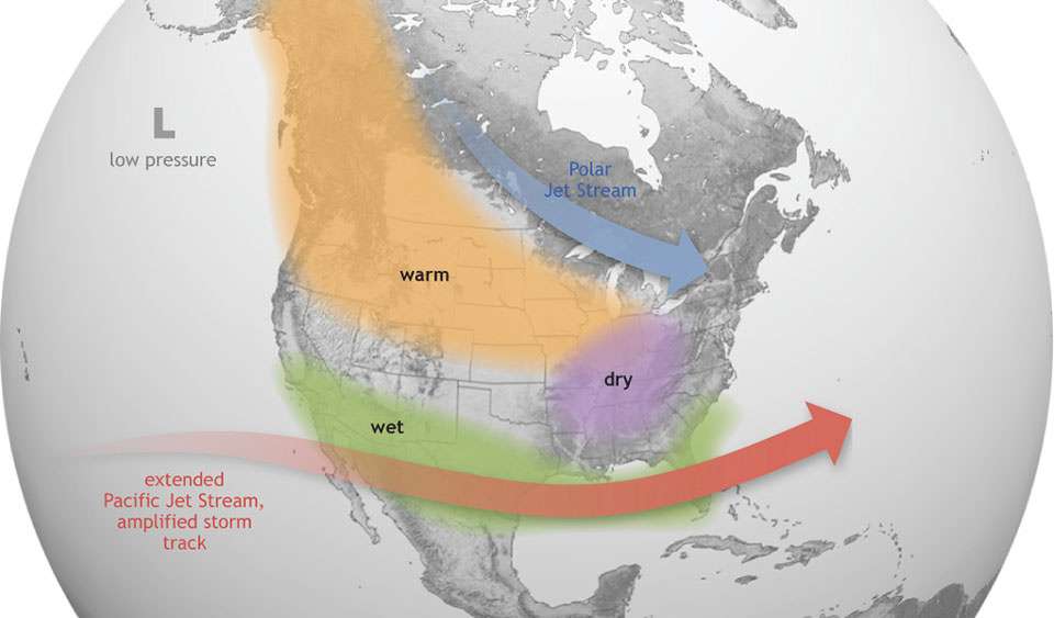 The historical trend of an El Niño pattern on North America. Meteorologists believe this pattern will return for this winter.