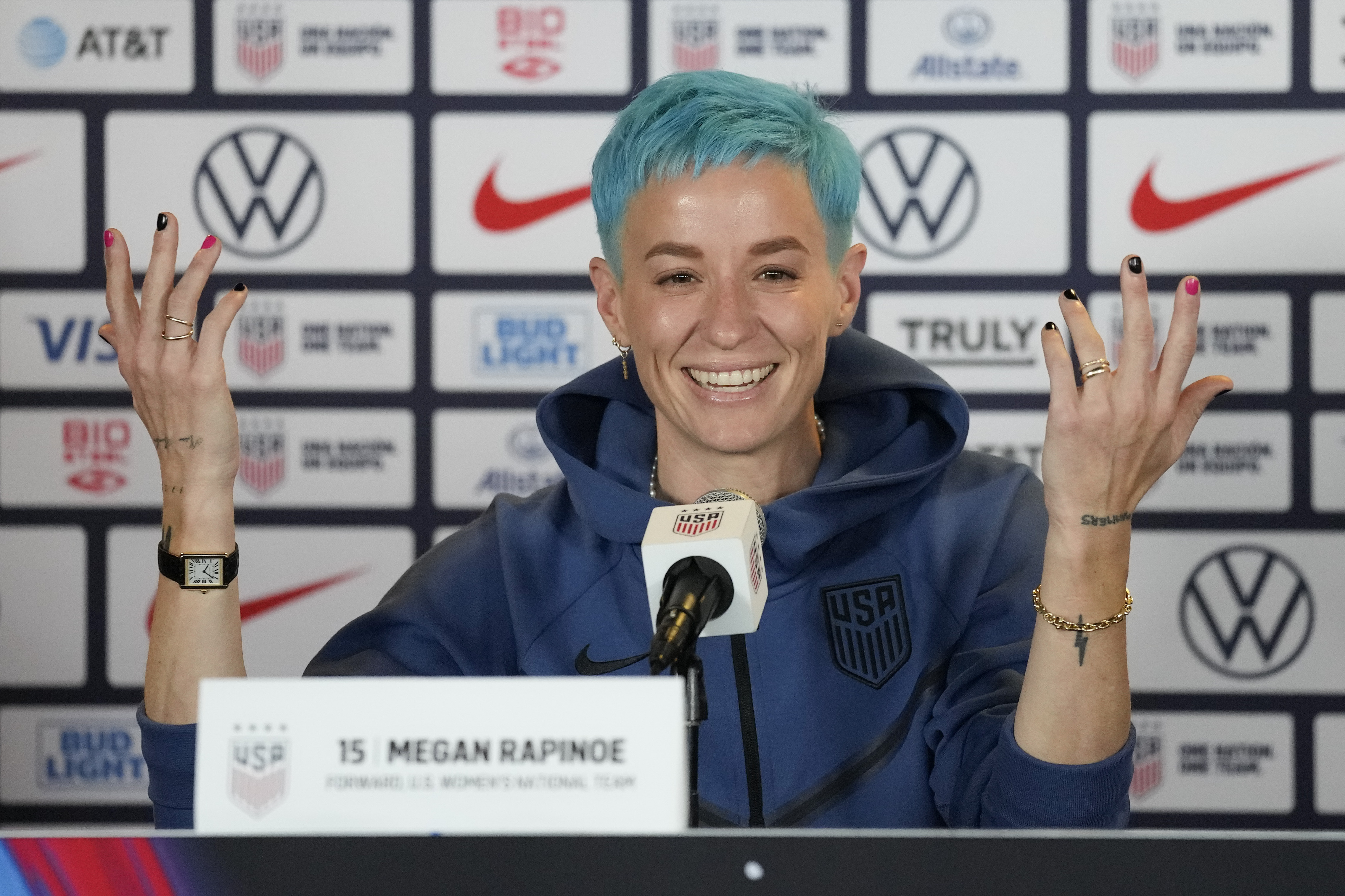 Megan Rapinoe speaks to reporters during the 2023 Women's World Cup media day for the United States Women's National Team in Carson, Tuesday, June 27, 2023. 
