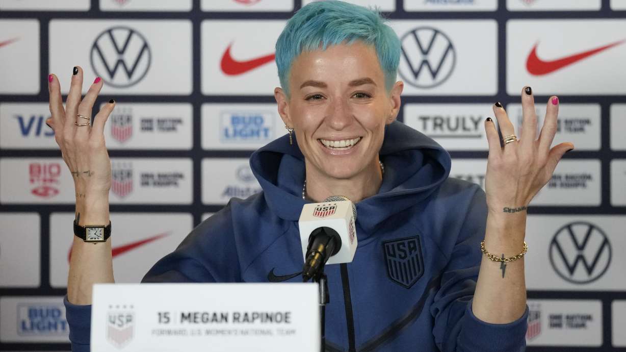 Megan Rapinoe speaks to reporters during the 2023 Women's World Cup media day for the United States Women's National Team in Carson, Tuesday, June 27, 2023.