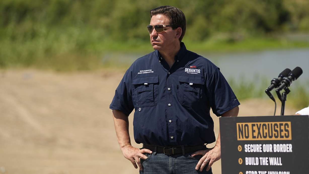 Republican presidential candidate Florida Gov. Ron DeSantis waits to speak at a news conference along the Rio Grande near Eagle Pass, Texas, Monday. DeSantis unveiled elements of his immigration policy during the event.