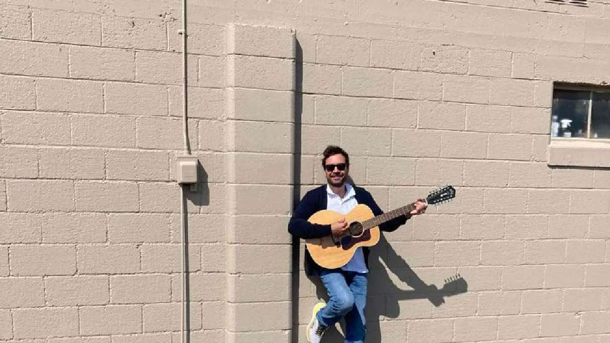 Jimmy Fallon is outside of Mike’s Music in Idaho Falls, Idaho. Fallon stopped in the music store earlier this week to purchase a guitar.