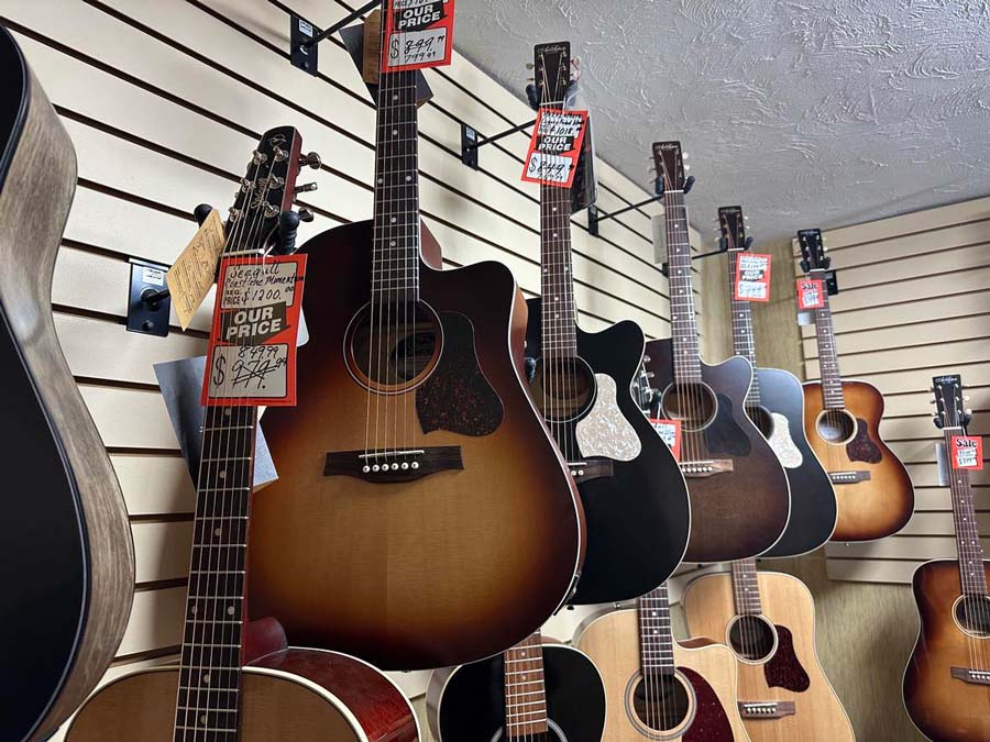 Some of the different guitars Jimmy Fallon checked out are inside Mike’s Music.