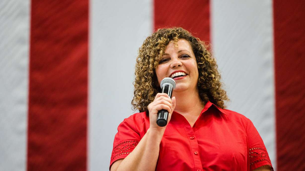 Utah 2nd Congressional District candidate Celeste Maloy speaks during the Utah Republican Party’s special convention in Delta on Saturday. After Maloy won, some delegates have questioned her eligibility for the party nomination.