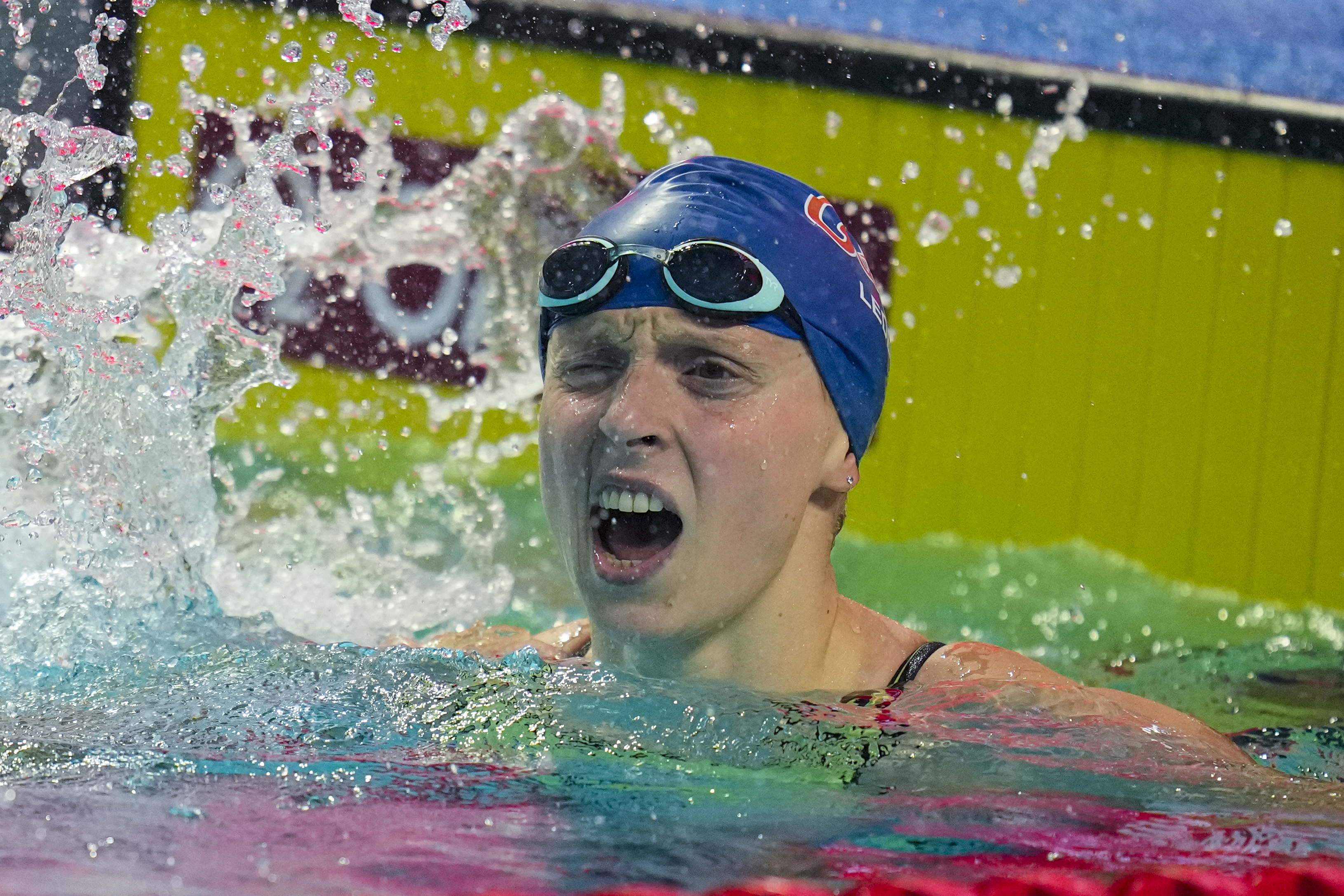 Katie Ledecky reacts after winning the women's 800-meter freestyle at the U.S. national championships swimming meet in Indianapolis, Tuesday, June 27, 2023. 