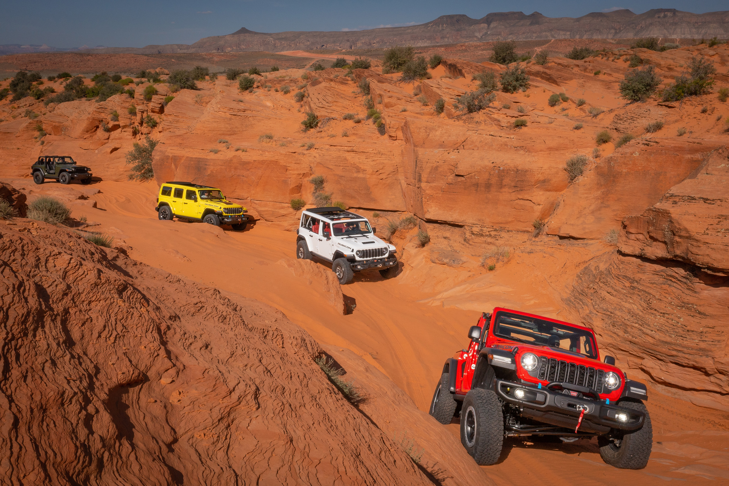 2024 Jeep® Wrangler lineup (front to back): Wrangler Rubicon 4xe with JPP 2-inch lift kit, Wrangler Rubicon 392, Wrangler Rubicon X 4xe and Wrangler Willys 2-door