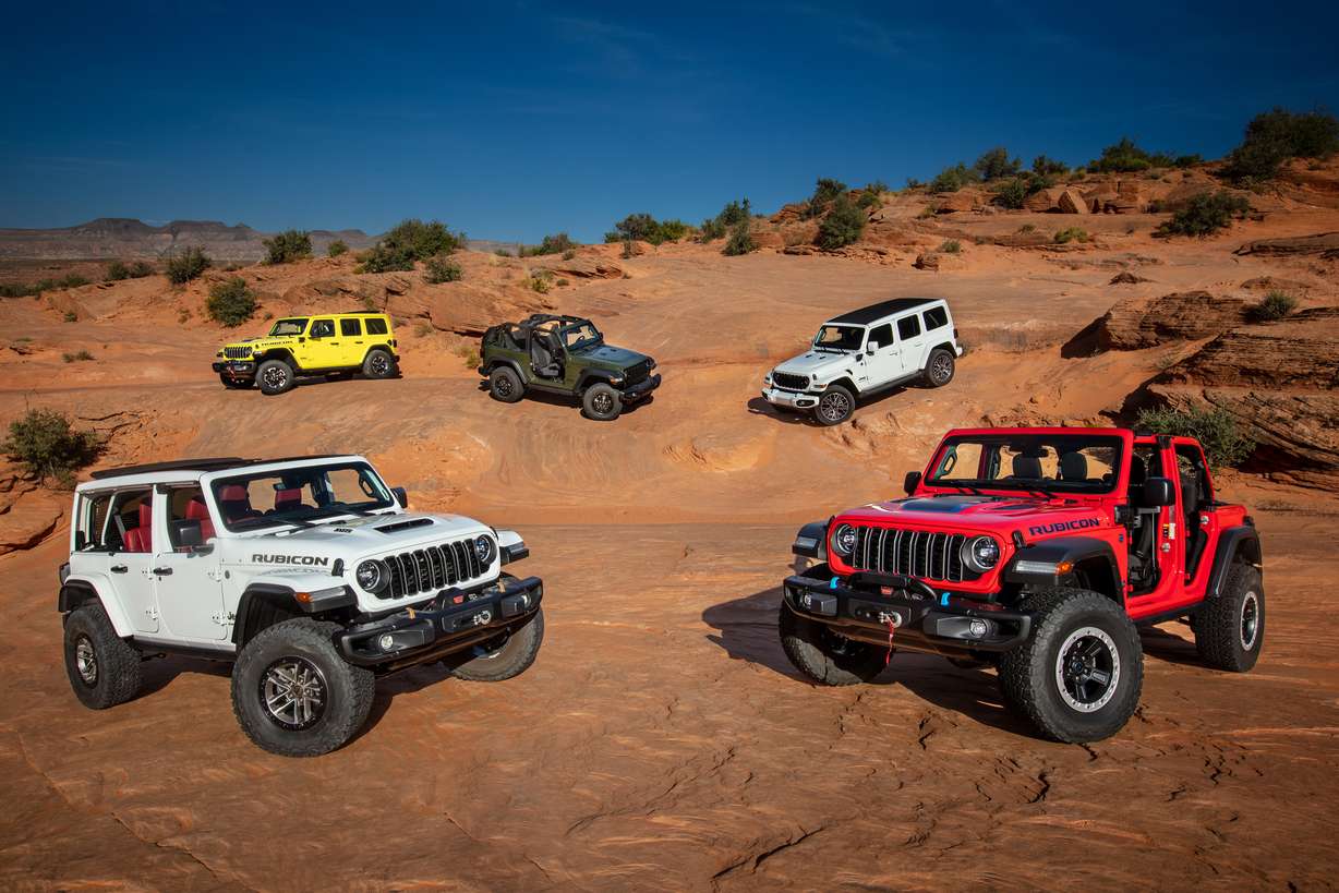 2024 Jeep® Wrangler lineup (clockwise from bottom): Wrangler Rubicon 392, Wrangler Rubicon X 4xe, Wrangler Willys 2-door, Wrangler High Altitude 4xe and Wrangler Rubicon 4xe with JPP 2-inch lift kit