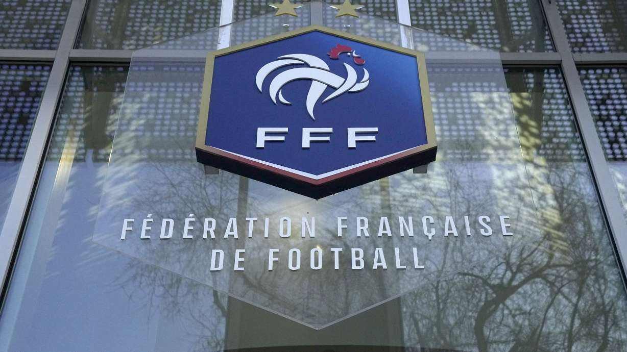 FILE - The logo of the French soccer federation (FFF), is pictured at the federation headquarters, Wednesday, Jan. 11, 2023 in Paris. France’s highest administrative jurisdiction said Thursday, June 29, 2023 the country's soccer federation is entitled to ban headscarves in matches.