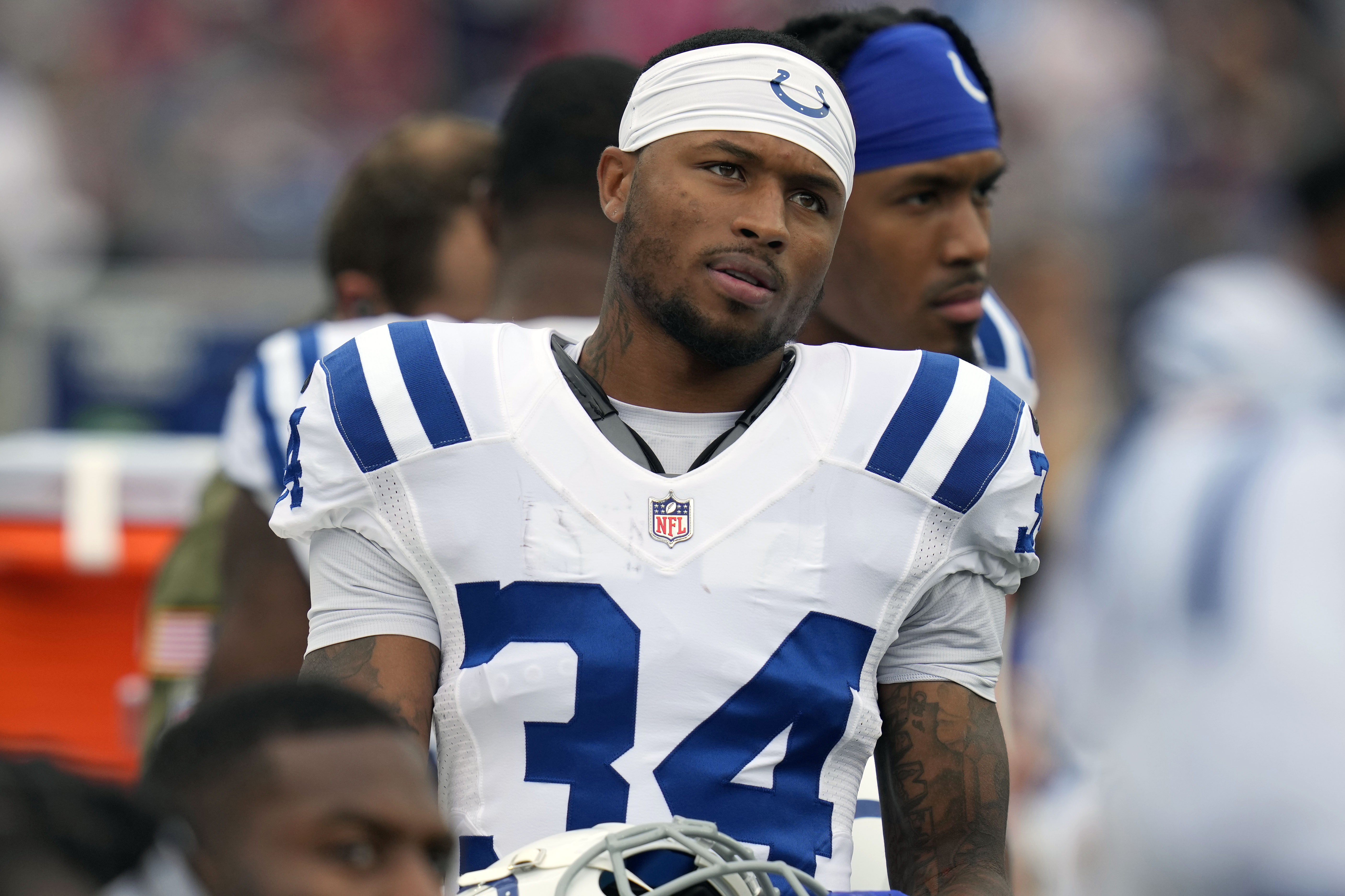 FILE - Indianapolis Colts cornerback Isaiah Rodgers (34) during an NFL football games, Sunday, Nov. 6, 2022, in Foxborough, Mass. The NFL is finalizing disciplinary action against more players including Indianapolis Colts defensive back Isaiah Rodgers Sr. for gambling violations, two people familiar with the plans told The Associated Press on Wednesday, June 28, 2023. 