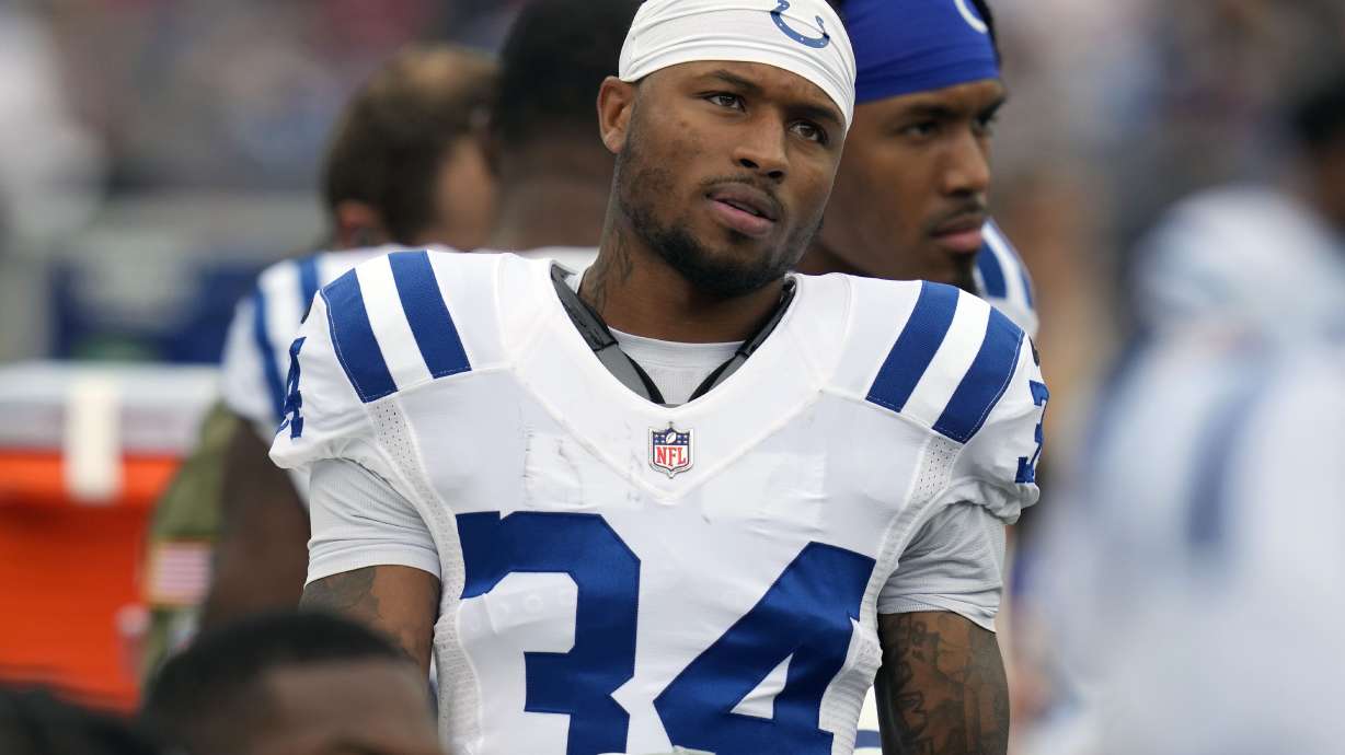 FILE - Indianapolis Colts cornerback Isaiah Rodgers (34) during an NFL football games, Sunday, Nov. 6, 2022, in Foxborough, Mass. The NFL is finalizing disciplinary action against more players including Indianapolis Colts defensive back Isaiah Rodgers Sr. for gambling violations, two people familiar with the plans told The Associated Press on Wednesday, June 28, 2023.