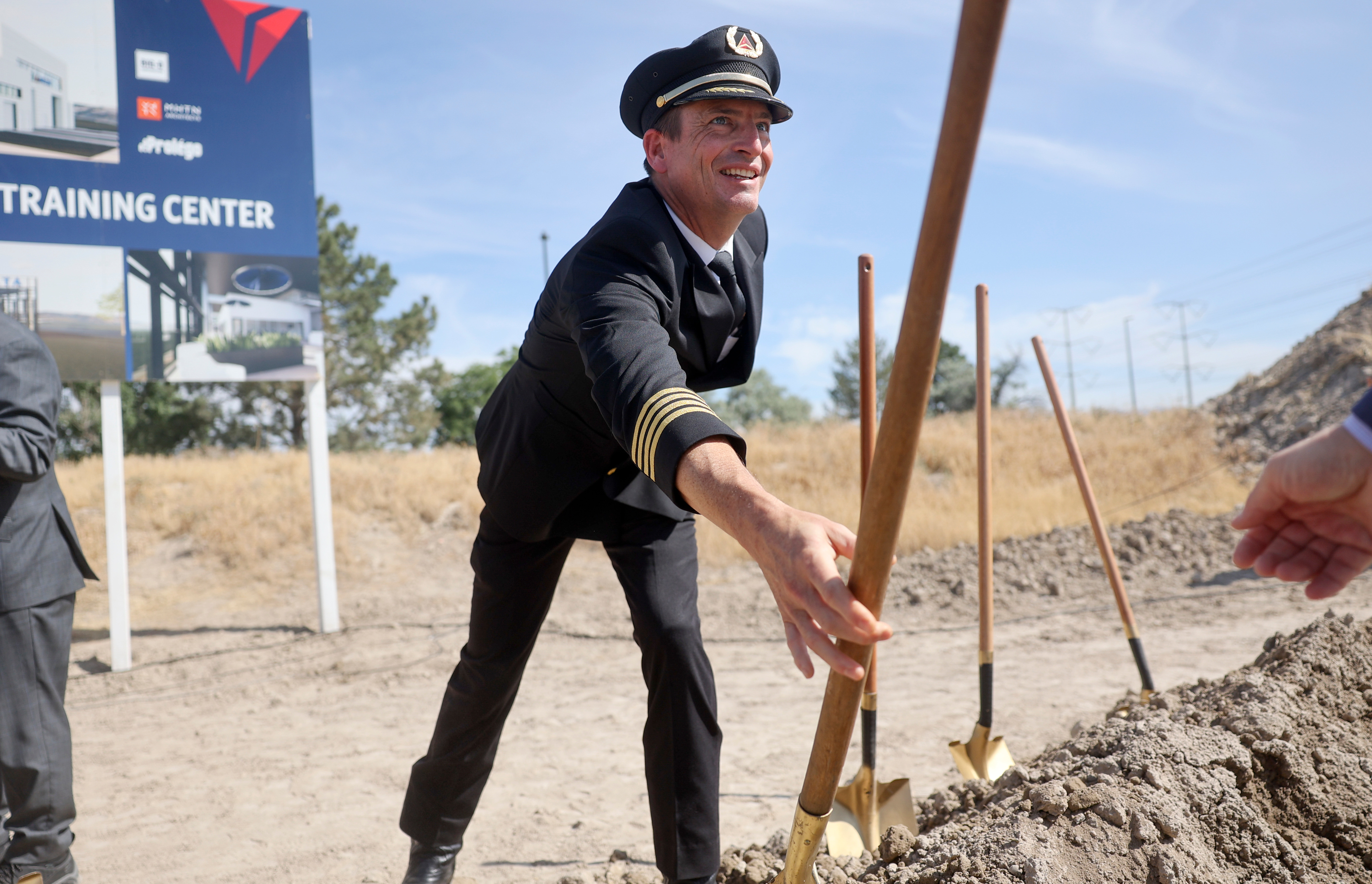 T.J. Bates, Delta A320 captain at a groundbreaking ceremony for Delta’s future pilot training facility in Salt Lake City on Thursday. The project is set to be complete in 2025.