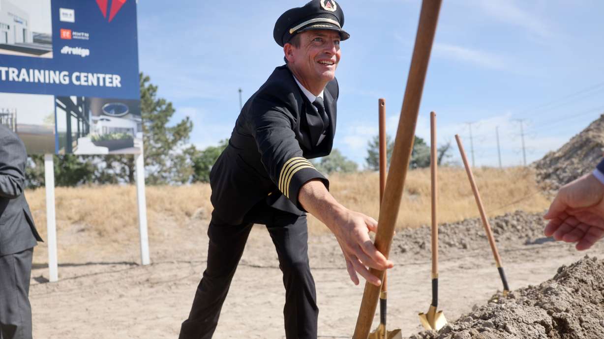 T.J. Bates, Delta A320 captain at a groundbreaking ceremony for Delta’s future pilot training facility in Salt Lake City on Thursday. The project is set to be complete in 2025.