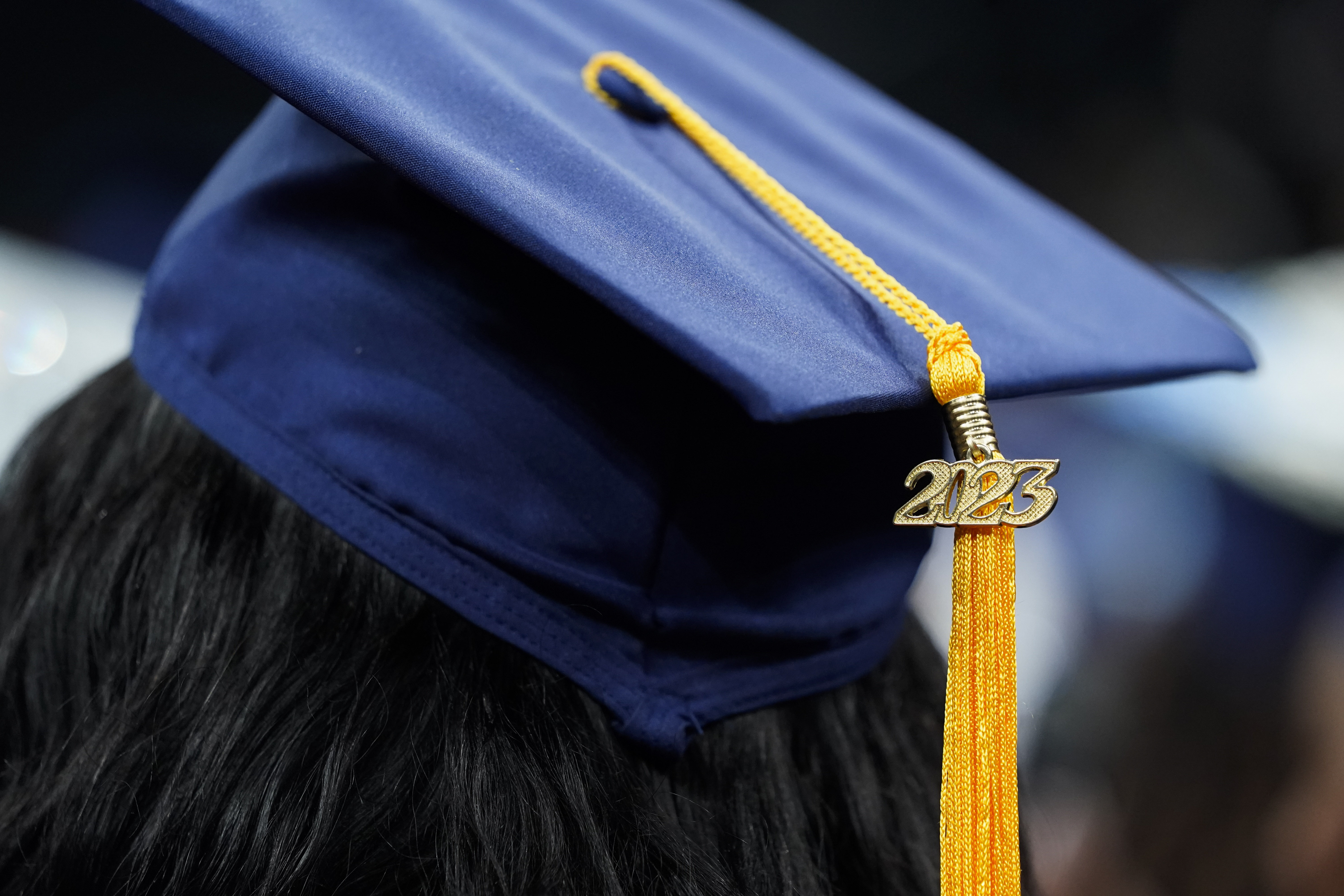 A tassel with 2023 on it rests on a graduation cap at Howard University's commencement in Washington, May 13. A sharply divided Supreme Court ruled Friday that the Biden administration overstepped its authority in trying to cancel or reduce student loans for millions of Americans.