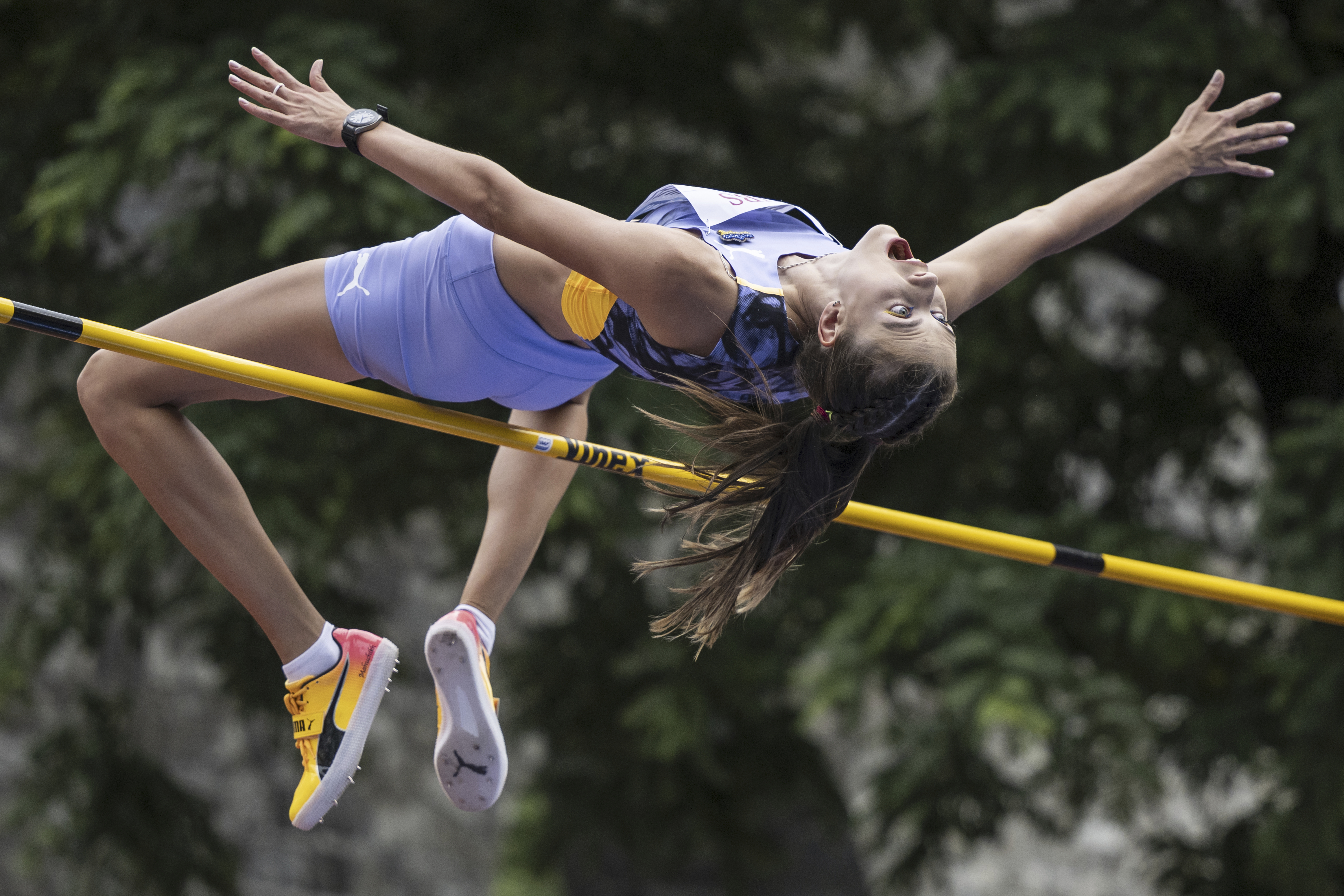 Yaroslava Mahuchikh of Ukraine in action during the women's high jump competition at the World Athletics Diamond League Athletissima City event athletics meeting, in Lausanne, Switzerland, Thursday, June 29, 2023. 