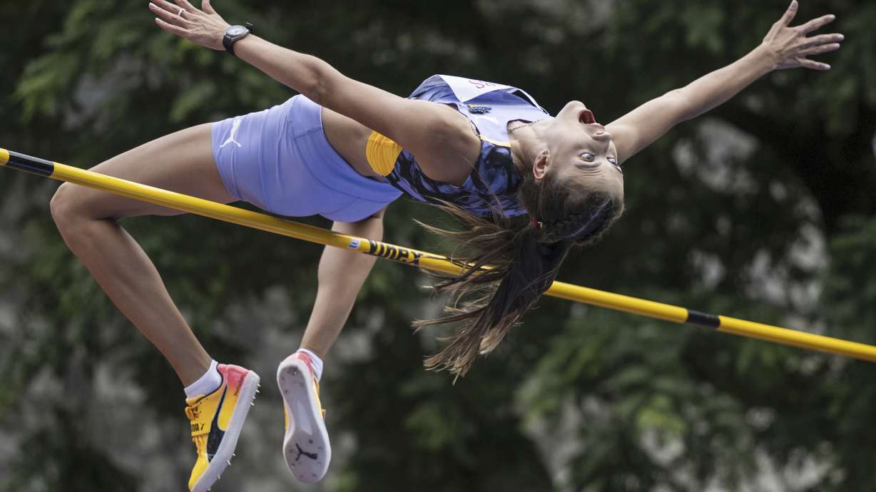 Yaroslava Mahuchikh of Ukraine in action during the women's high jump competition at the World Athletics Diamond League Athletissima City event athletics meeting, in Lausanne, Switzerland, Thursday, June 29, 2023.