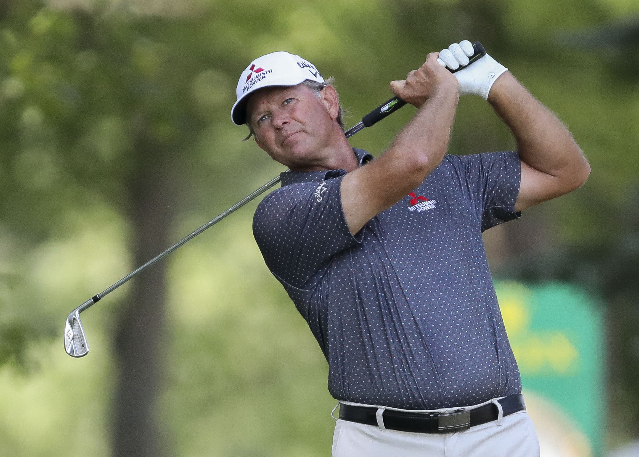 Retief Goosen watches his tee shot on the 17th hole during the first round of the U.S. Senior Open golf tournament Thursday, June 29, 2023, in Stevens Point, Wis. 