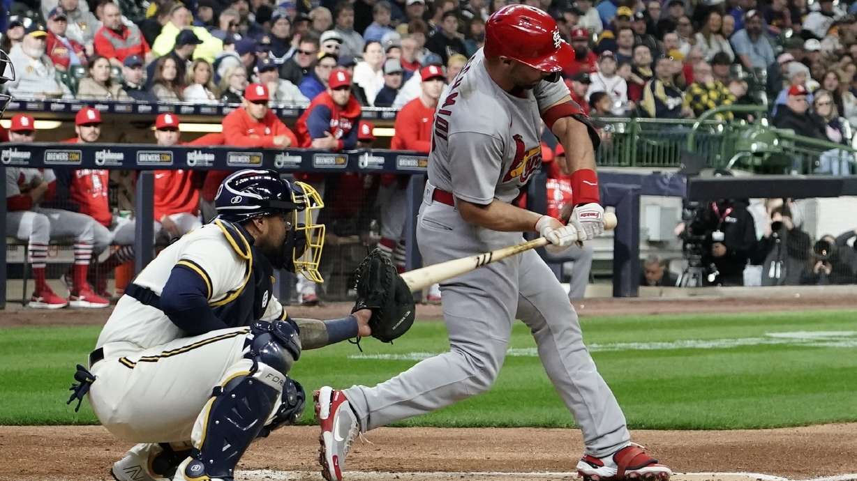 FILE - Milwaukee Brewers catcher Omar Narvaez is called for catchers interference as St. Louis Cardinals' Paul Goldschmidt hits during the third inning of a baseball game Thursday, April 14, 2022, in Milwaukee. The major leagues have seen a marked increase in catcher interference calls this season. Through Thursday's, June 29 big league games, there had been 57 catcher interference calls, up from 38 at the same point last year.
