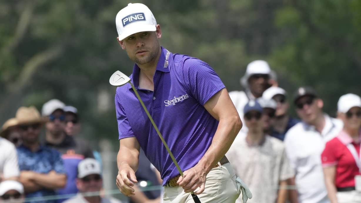 Taylor Moore eyes his putt on the ninth green during the second round of the Rocket Mortgage Classic golf tournament at Detroit Country Club, Friday, June 30, 2023, in Detroit.