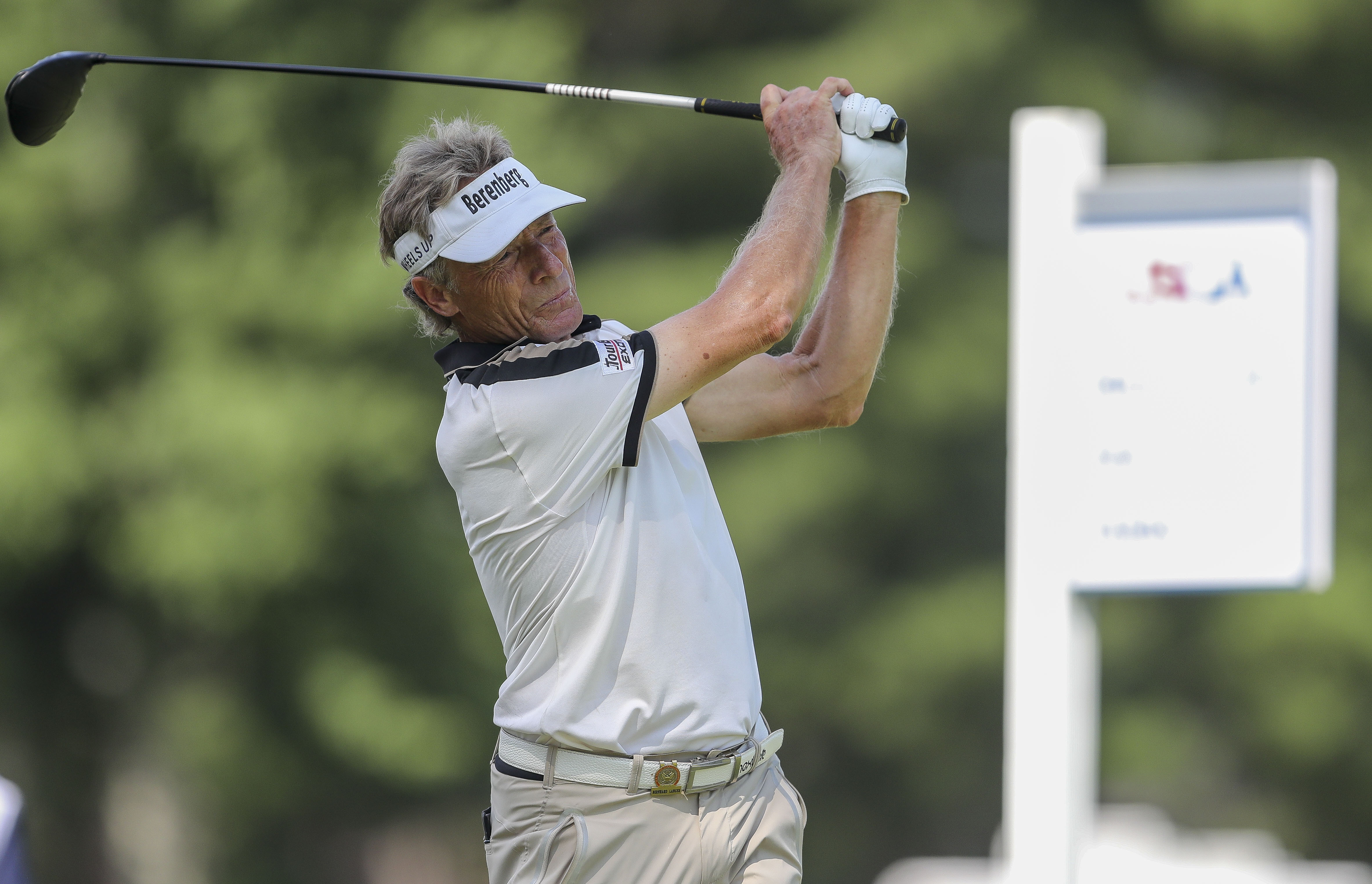 Bernhard Langer watches tee shot on the 10th hole during the second round of the U.S. Senior Open golf tournament, Friday, June 30, 2023, in Stevens Point, Wis. (Tork Mason