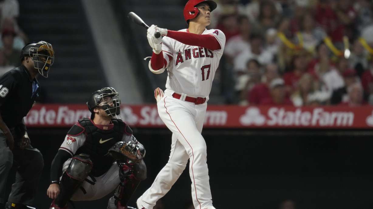 Los Angeles Angels designated hitter Shohei Ohtani (17) hits a home run during the sixth inning of a baseball game against the Arizona Diamondbacks in Anaheim, Calif., Friday, June 30, 2023.