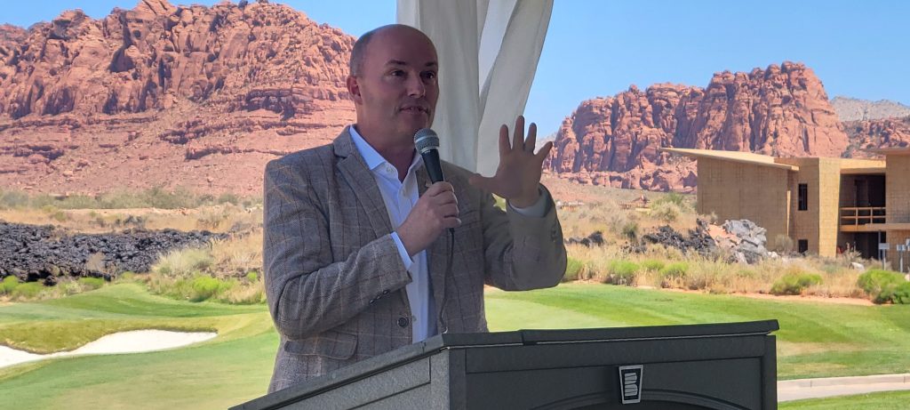 Utah Gov. Spencer Cox speaks at the press conference announcing the PGA Tour is coming to Black Desert Resort in 2024, Ivins, Friday. 