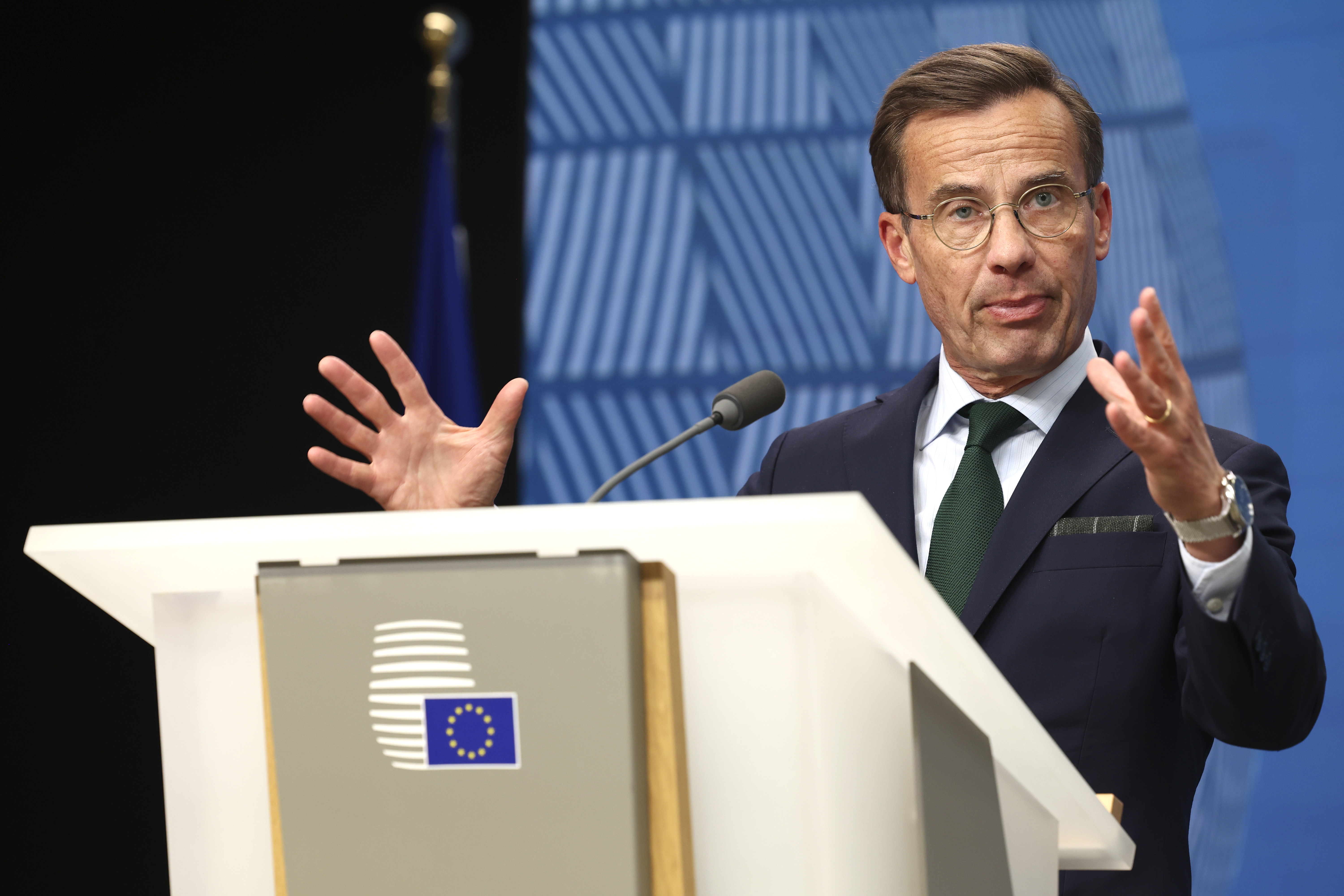 Sweden's Prime Minister Ulf Kristersson speaks at an EU summit in Brussels on Friday. President Joe Biden will host him at the White House Wednesday in a show of solidarity as the U.S. presses for the Nordic nation's entry into NATO.