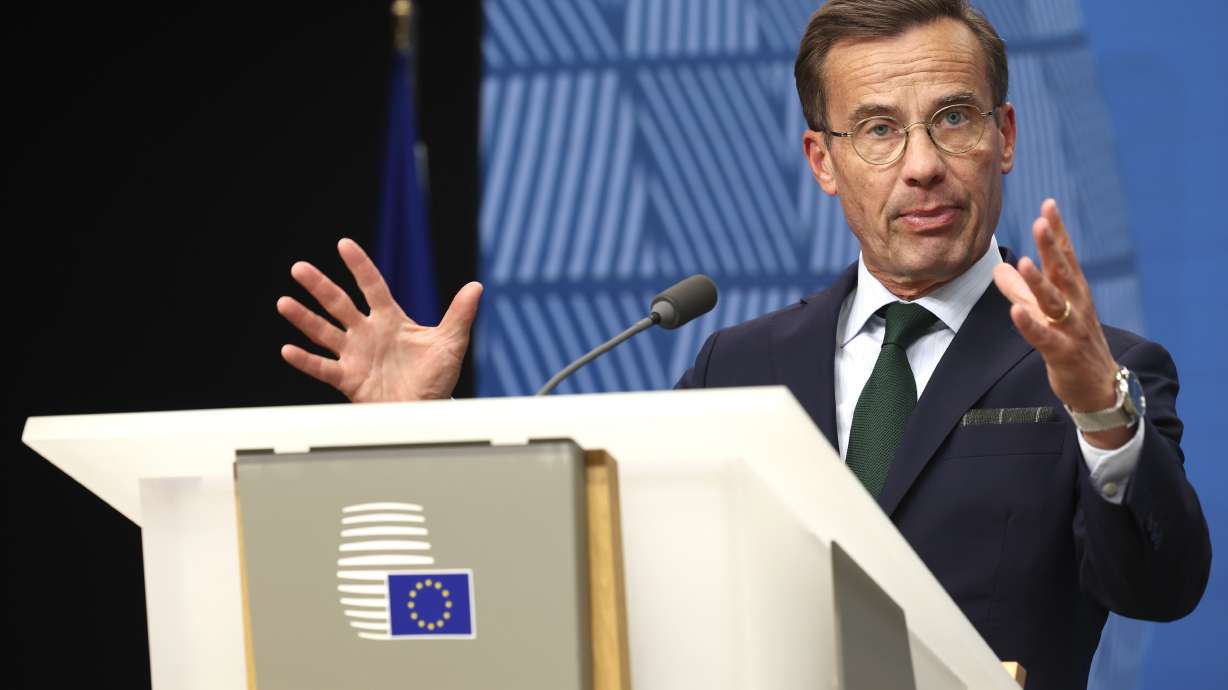 Sweden's Prime Minister Ulf Kristersson speaks at an EU summit in Brussels on Friday. President Joe Biden will host him at the White House Wednesday in a show of solidarity as the U.S. presses for the Nordic nation's entry into NATO.
