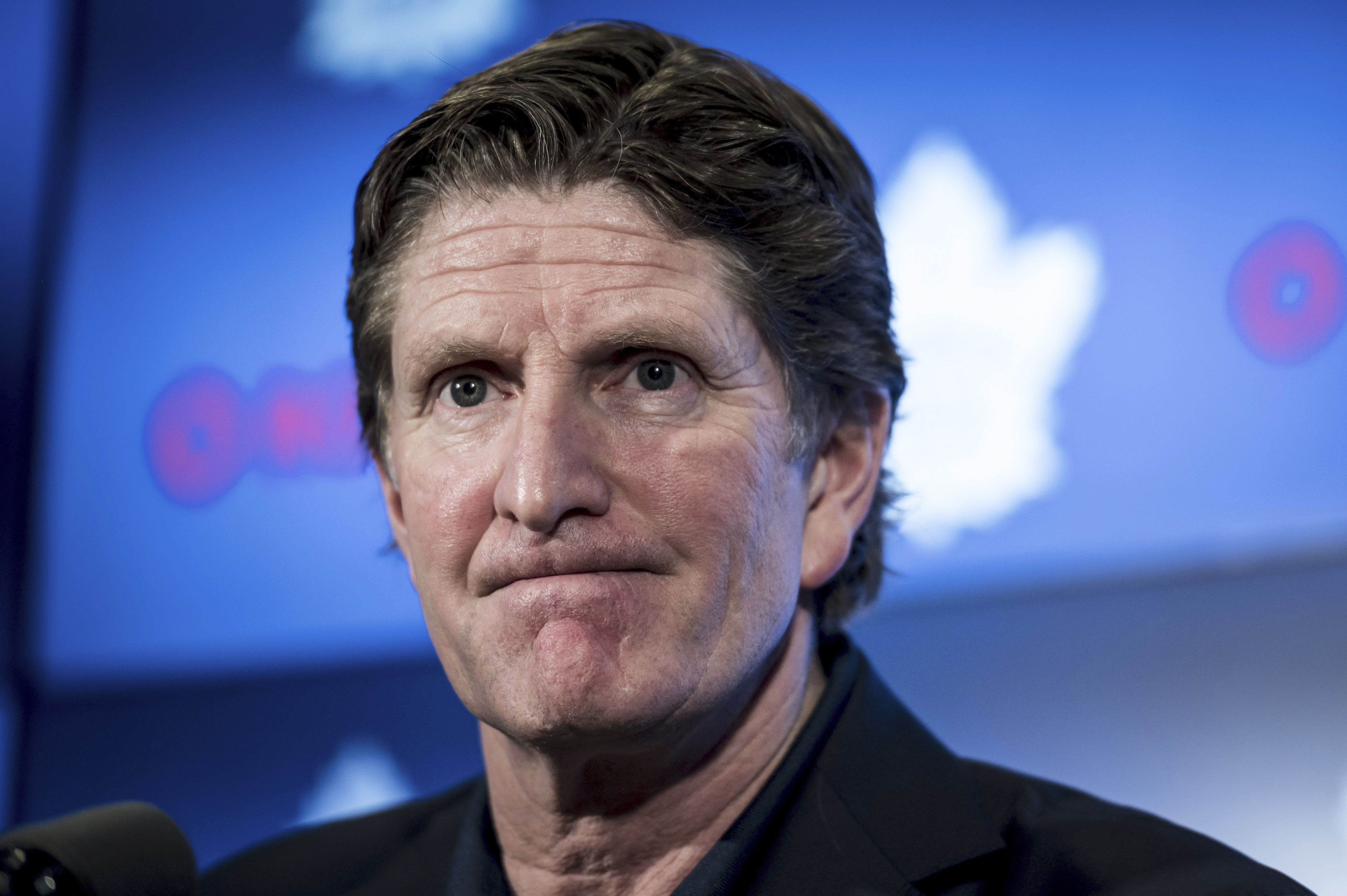 FILE - In this April 25, 2019, file photo, Toronto Maple Leafs coach Mike Babcock speaks to reporters in Toronto. Babcock is back in the NHL as coach of the Columbus Blue Jackets. The Blue Jackets announced Saturday, July 1, 2023, they’ve hired the Stanley Cup winner to take over behind the bench.