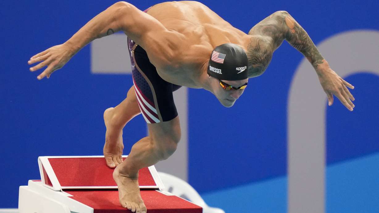 Caeleb Dressel starts the men's 50-meter freestyle final at the 2020 Summer Olympics, Sunday, Aug. 1, 2021, in Tokyo. Dressel finished 29th in the 100-meter freestyle at the U.S. nationals on Tuesday, June 27, 2023, falling far short of qualifying for the world championships in an event he won at the Tokyo Olympics.