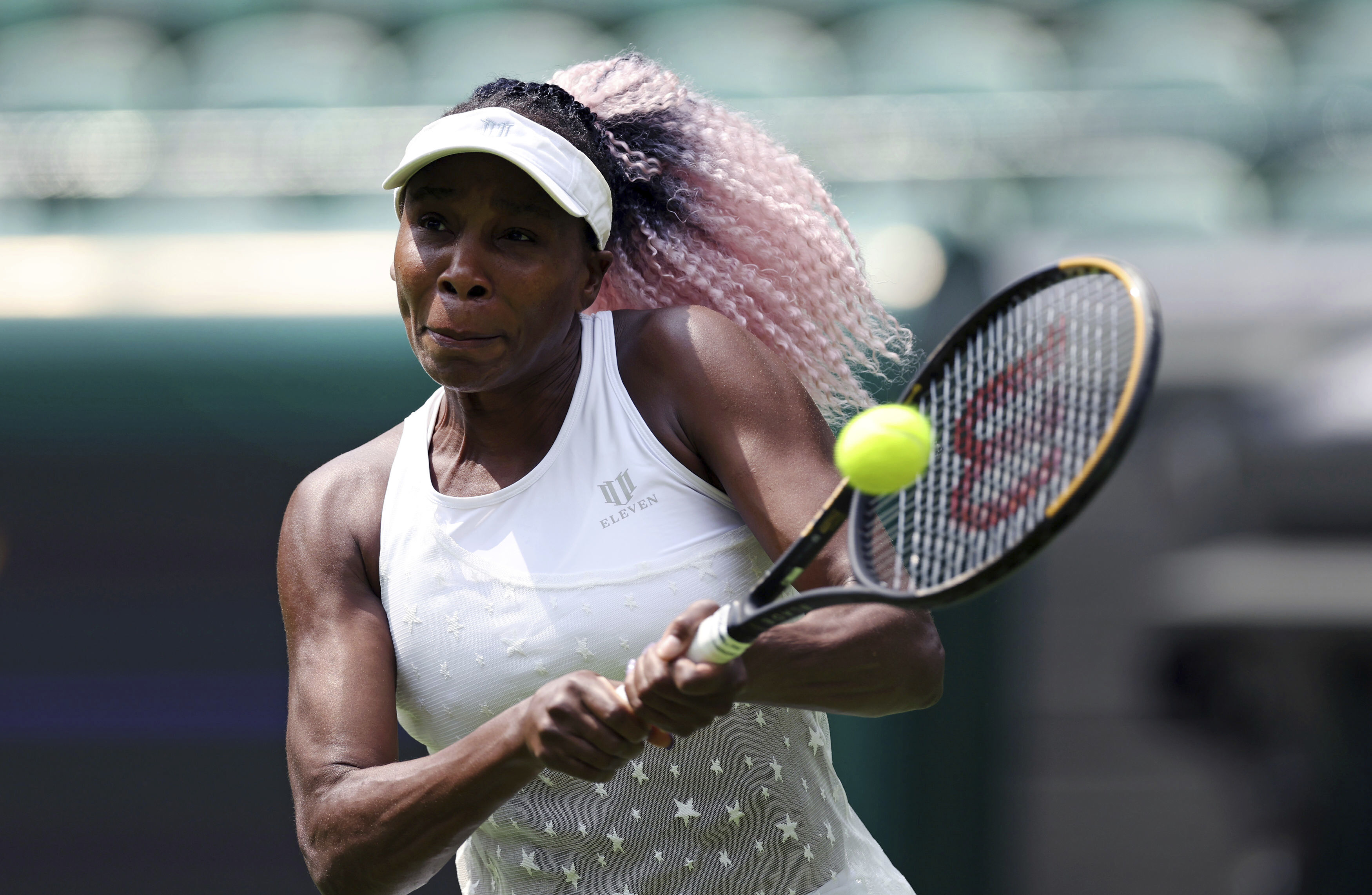 Venus Williams from the US practices at the All England Lawn Tennis and Croquet Club in Wimbledon, England, ahead of the championships which start on Monday, on Thursday June 29, 2023. 
