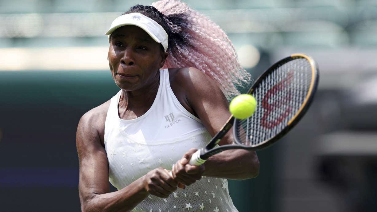 Venus Williams from the US practices at the All England Lawn Tennis and Croquet Club in Wimbledon, England, ahead of the championships which start on Monday, on Thursday June 29, 2023.