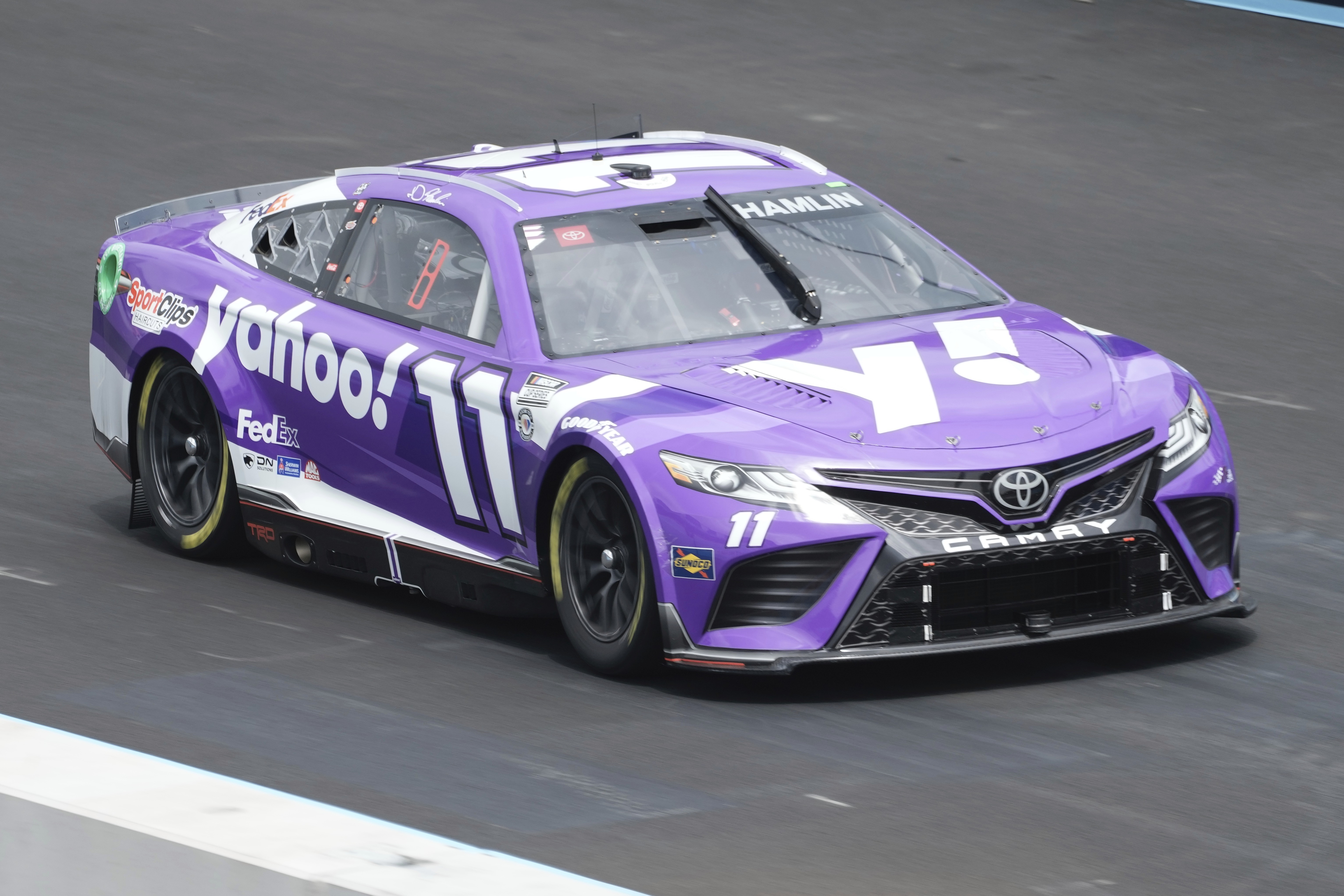 Denny Hamlin drives during qualifying for the NASCAR Cup Series auto race at the Grant Park 220 Saturday, July 1, 2023, in Chicago.