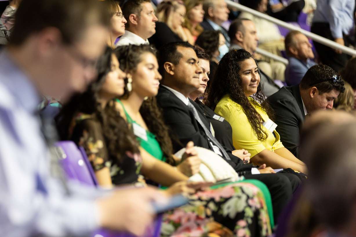 People gather for the 2023 Convention of Jehovah’s Witnesses at the Dee Events Center in Ogden on Saturday. After a three-year pandemic pause, Jehovah’s Witnesses have resumed hosting public conventions worldwide.