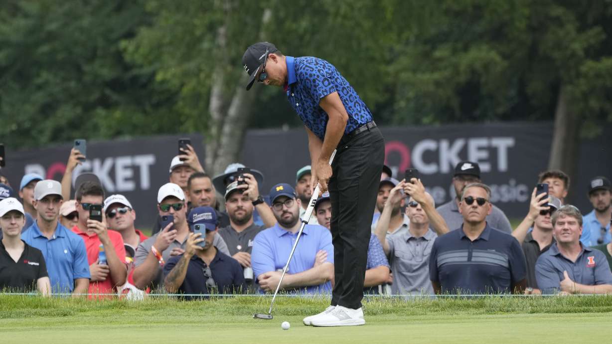 Rickie Fowler putts on the fourth green during the third round of the Rocket Mortgage Classic golf tournament at Detroit Country Club, Saturday, July 1, 2023, in Detroit.