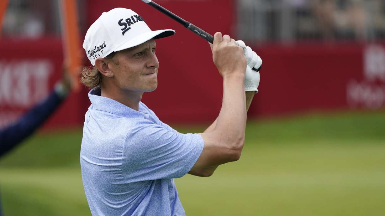 Peter Kuest drives off the 16th tee during the third round of the Rocket Mortgage Classic golf tournament at Detroit Country Club, Saturday, July 1, 2023, in Detroit.
