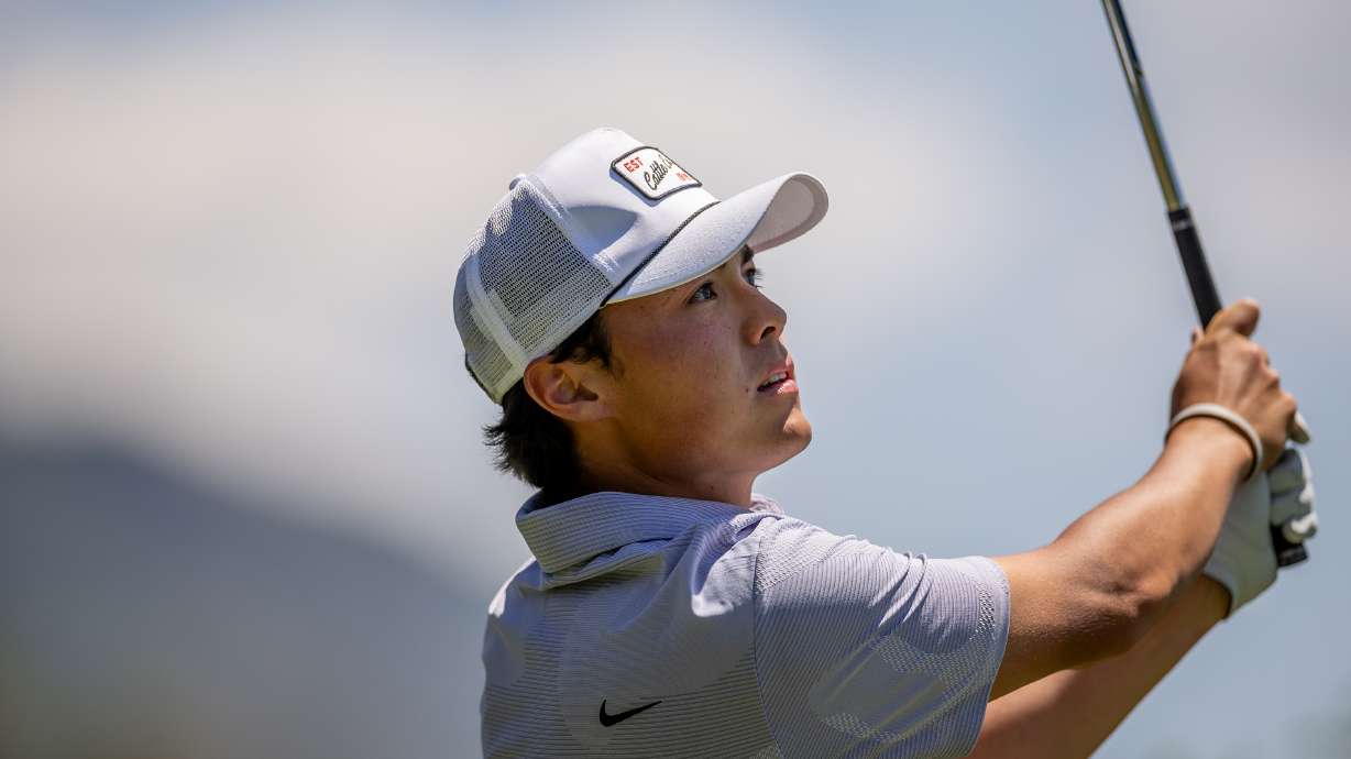 Simon Kwon watches a tee shot during the final round of the 125th Utah State Amateur Championship at the Salt Lake Country Club in Salt Lake City on Saturday, July 1, 2023.