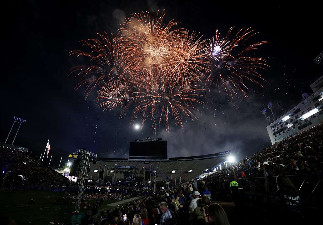 Fireworks explode over LaVell Edwards Stadium at the Stadium of Fire in Provo on July 1, 2023.