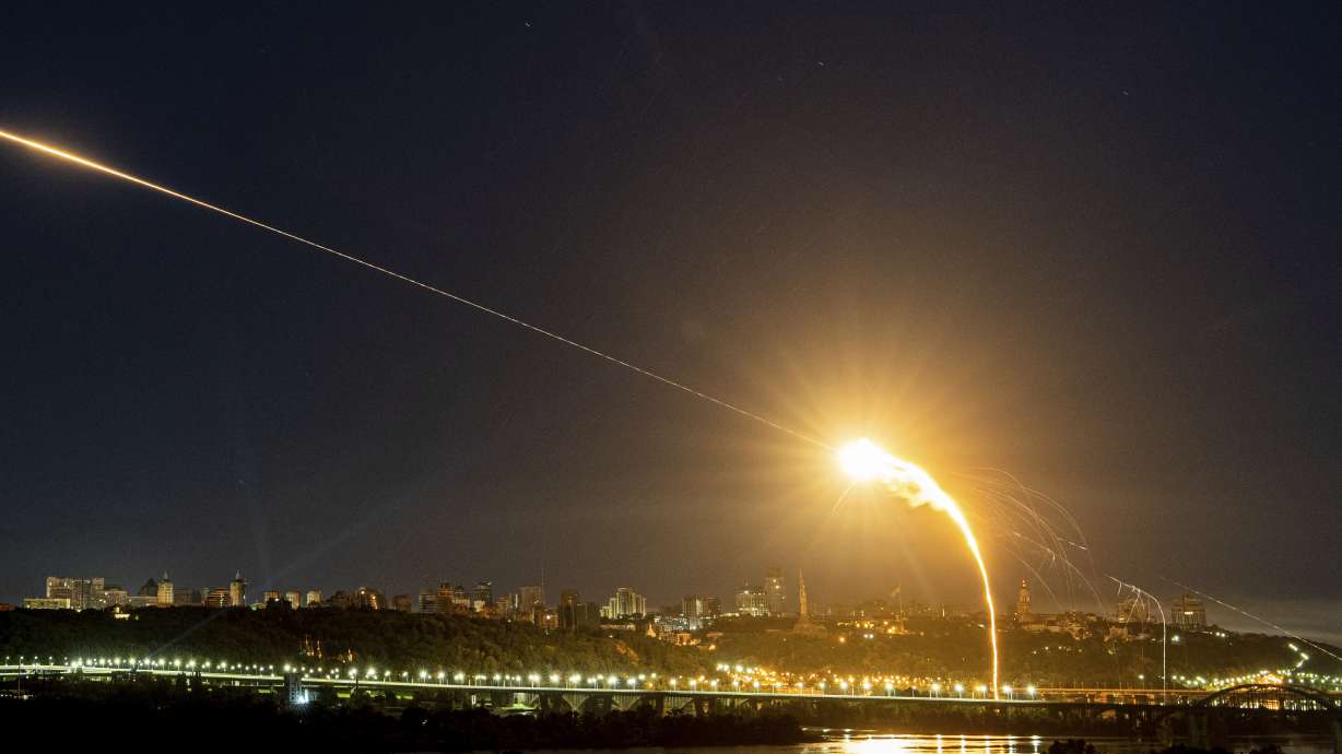 Ukrainian air defense intercepts a Shahed drone mid-air in the third Russia aerial attack on the capital within 24 hours in Kyiv, Ukraine, on May 30,