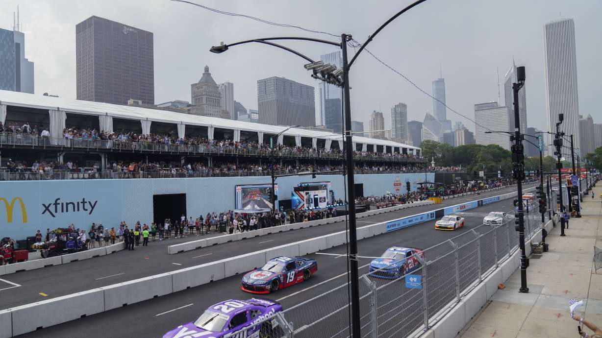 Drivers compete in the Loop 121 NASCAR Xfinity Series auto race Saturday, July 1, 2023, in downtown Chicago.