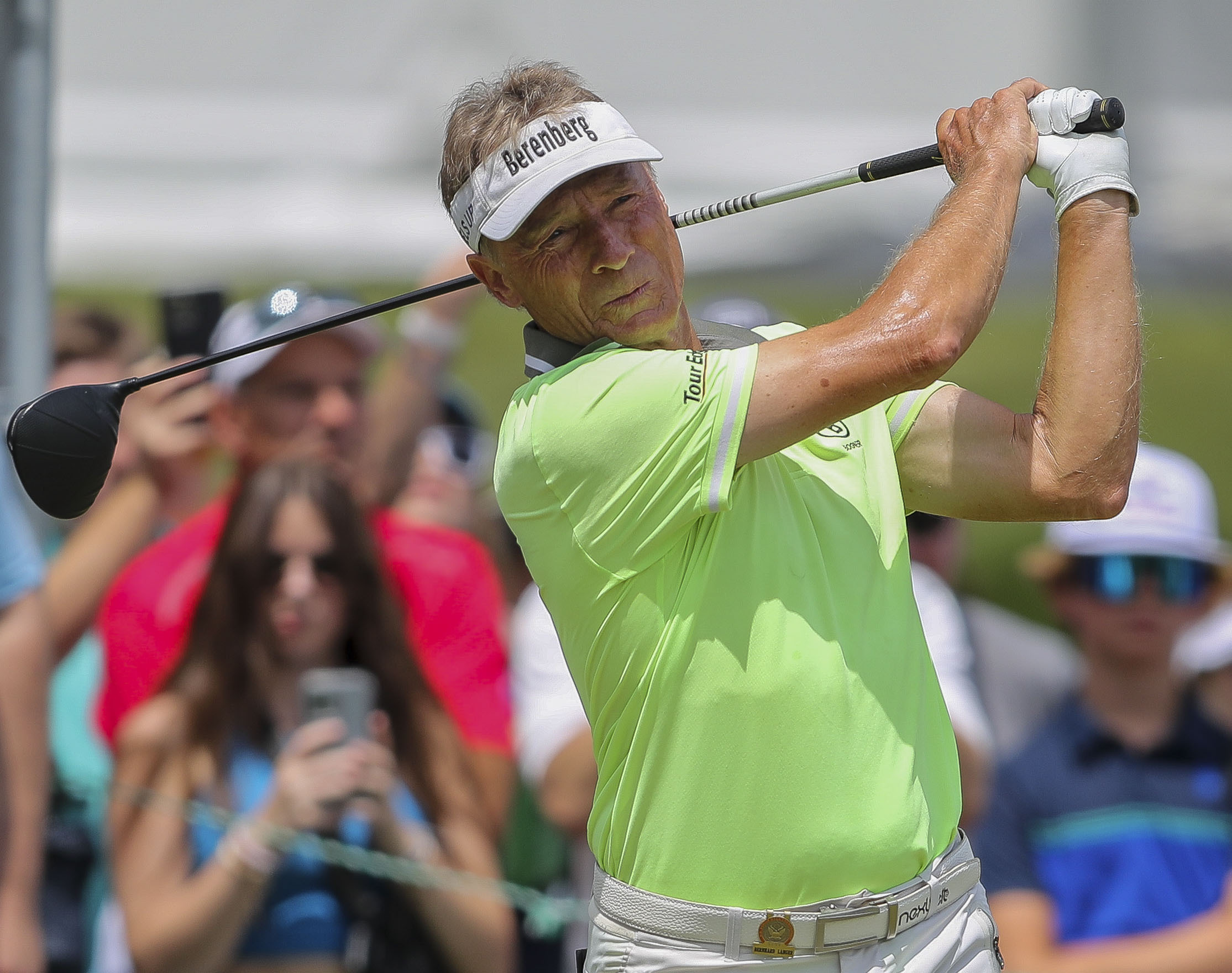 Bernhard Langer watches his tee shot on the first hole during the third round of the U.S. Senior Open golf tournament, Saturday, July 1, 2023, in Stevens Point, Wis. 