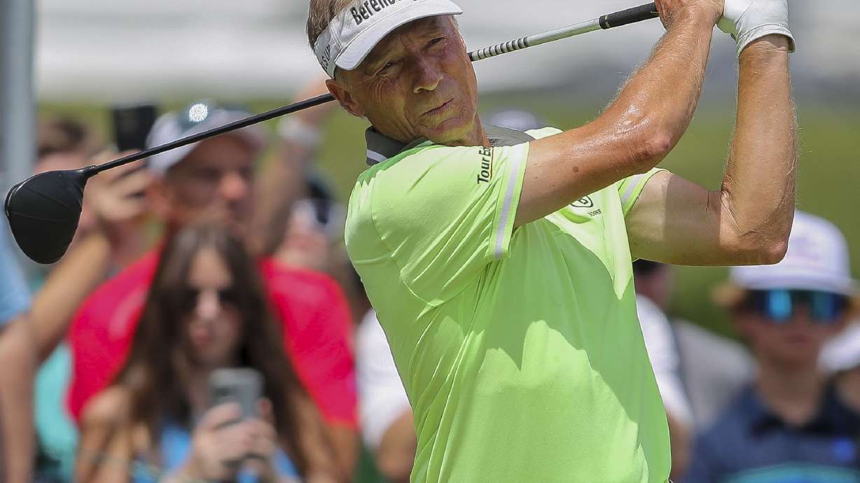 Bernhard Langer watches his tee shot on the first hole during the third round of the U.S. Senior Open golf tournament, Saturday, July 1, 2023, in Stevens Point, Wis.