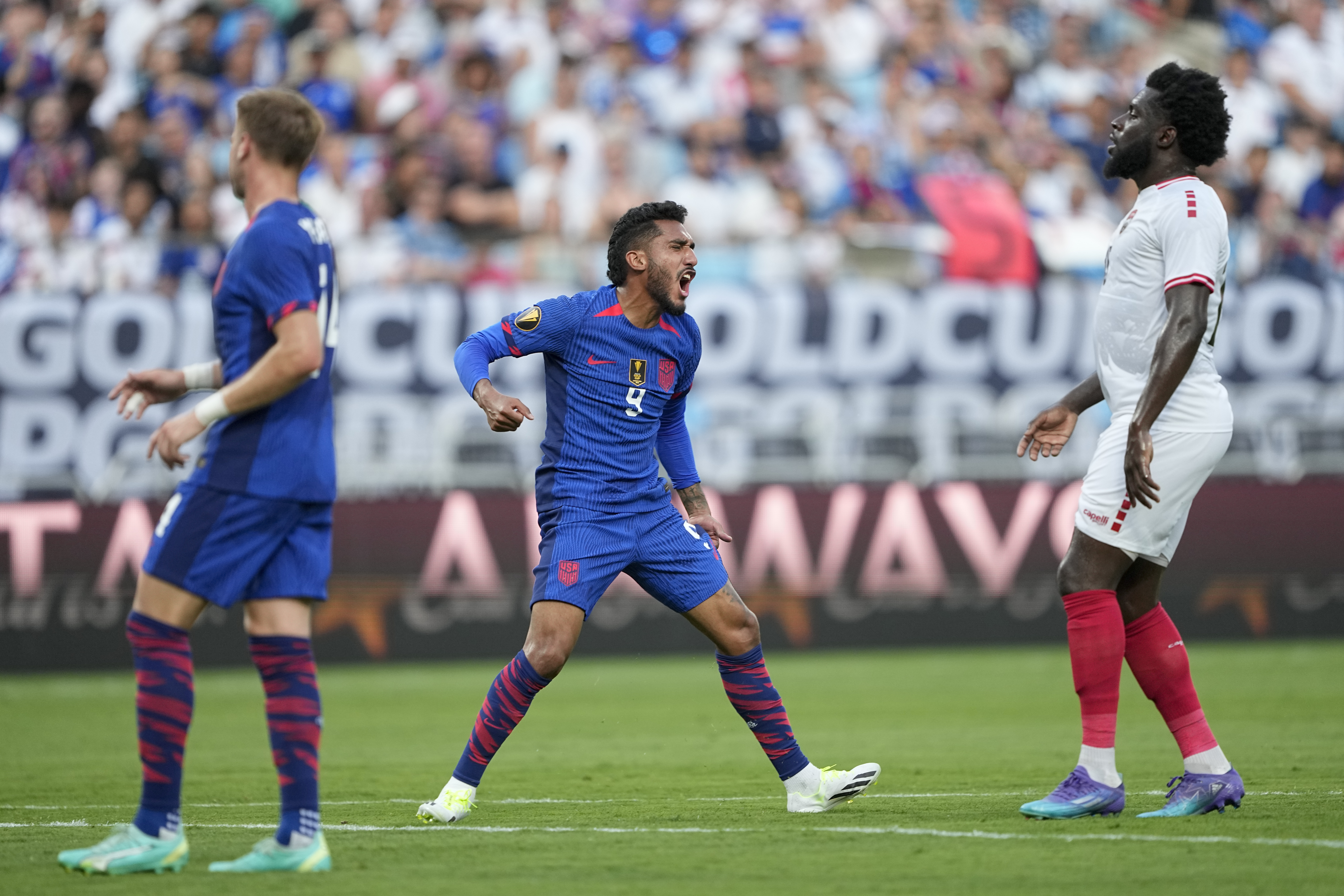 United States forward Jesús Ferreira reacts after missing a shot on goal against Trinidad and Tobago during the first half of a CONCACAF Gold Cup soccer match on Sunday, July 2, 2023, in Charlotte, N.C. 