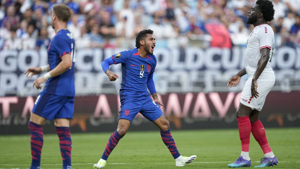 United States forward Jesús Ferreira reacts after missing a shot on goal against Trinidad and Tobago during the first half of a CONCACAF Gold Cup soccer match on Sunday, July 2, 2023, in Charlotte, N.C.