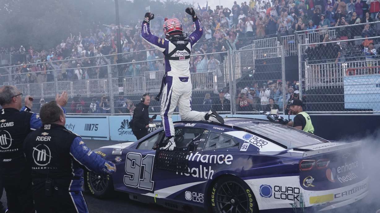 Shane Van Gisbergen celebrates after winning a NASCAR Cup Series auto race at the Grant Park 220 Sunday, July 2, 2023, in Chicago.