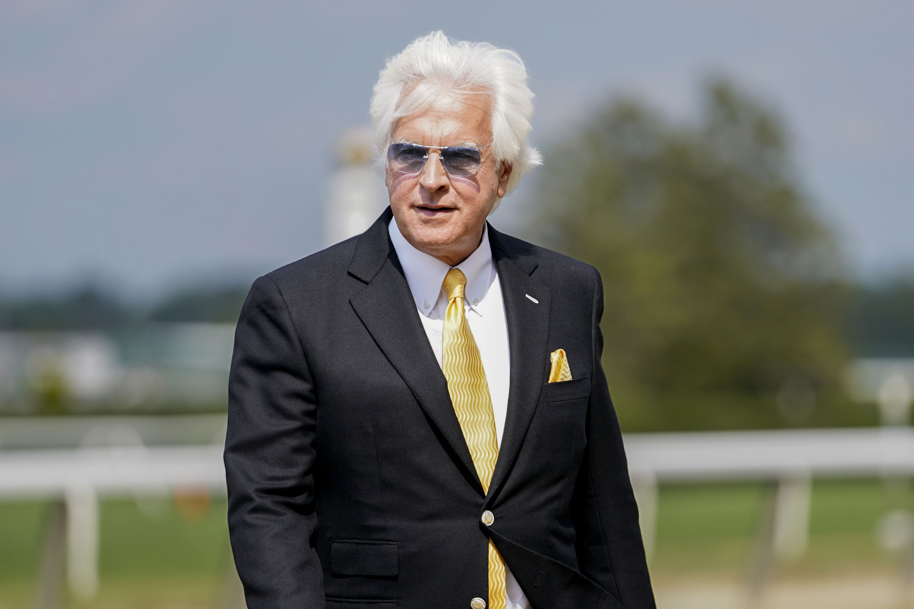 Trainer Bob Baffert walks off the track after his horse Arabian Lion won The Woody Stephens ahead of the Belmont Stakes horse race Saturday, June 10, 2023, at Belmont Park in Elmont, N.Y. 