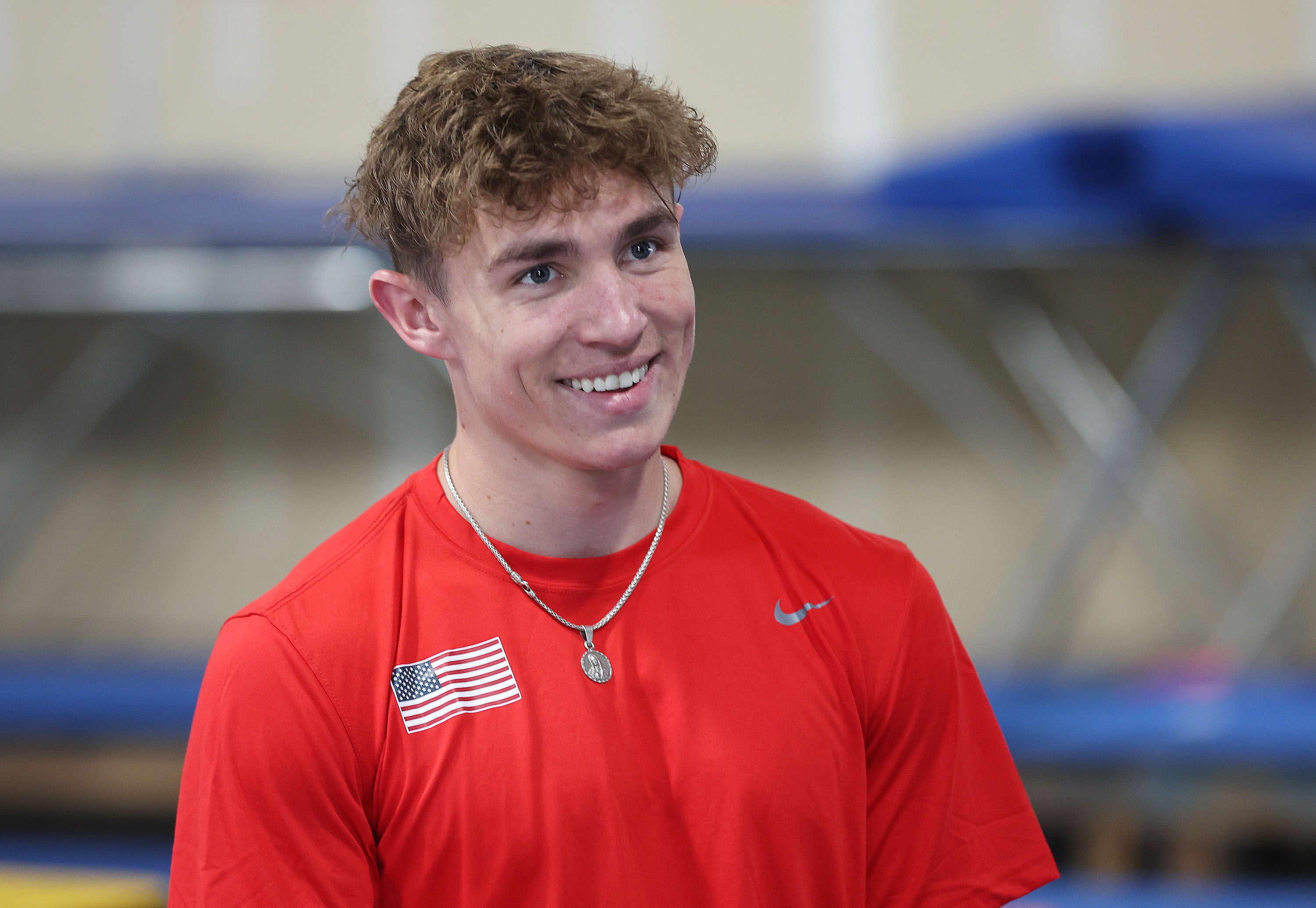 Simon Smith, of Springville, a gymnast representing Team USA for the upcoming Trampoline World Cup, works out in Orem on Thursday.