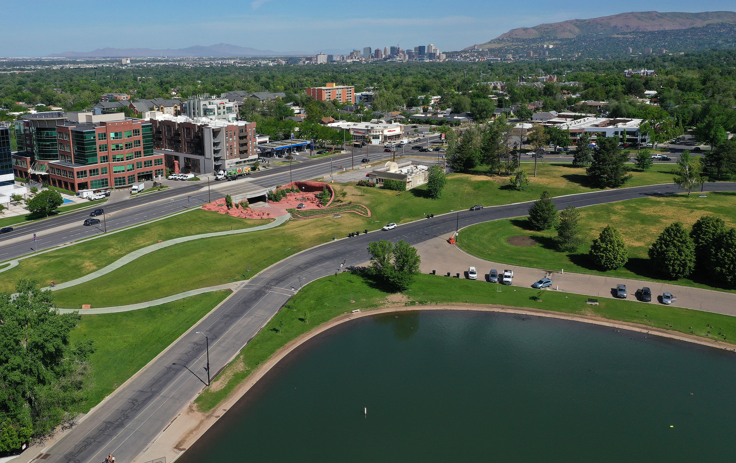 A view of Sugar House Park's northwest corner on May 31, 2023. The old Sizzler building that is visible has since been torn down, and its location is the site of a proposed hotel.