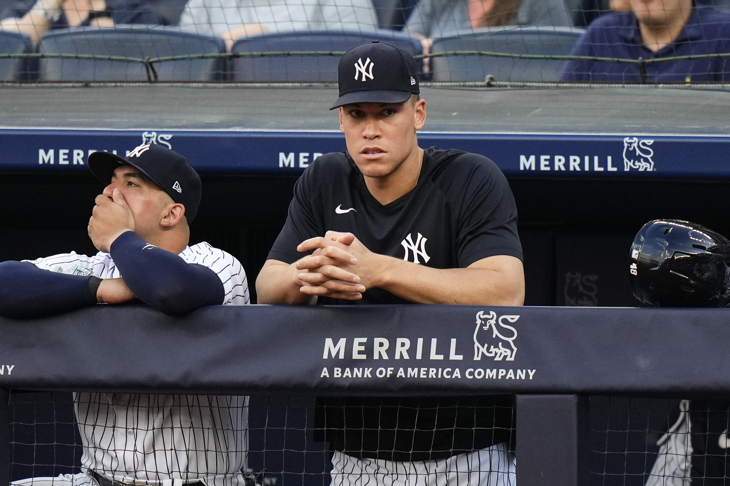 New York Yankees' Aaron Judge watches during the first inning of a baseball game against the Baltimore Orioles, Monday, July 3, 2023, in New York.